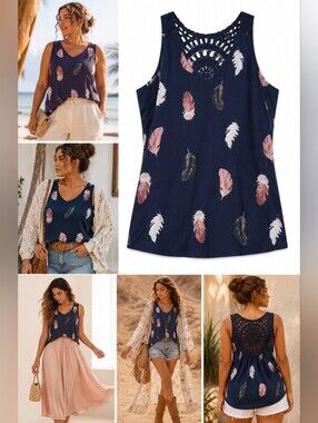 🍎NEW Finjani Feather Print Crochet Back Sleeveless Tank Top Plus Size 0XL